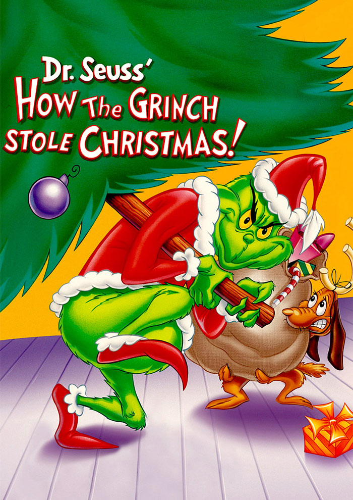 Grinch stealing Christmas gifts in a festive scene, perfect holiday movie to watch.