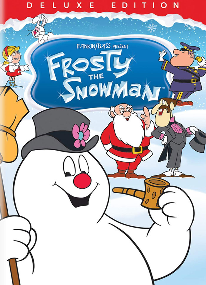 Cover of "Frosty the Snowman" deluxe edition, featuring Frosty, Santa, and cartoon characters. Christmas movies theme.