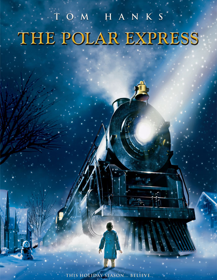 Christmas movie scene with a snowy night backdrop featuring "The Polar Express" train and a child in a blue coat.