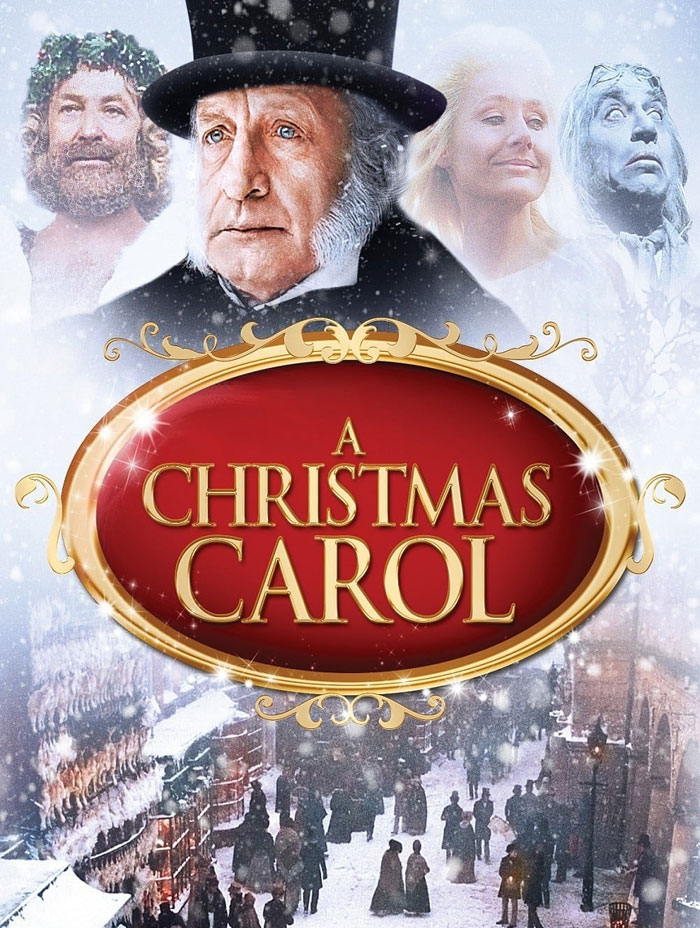Cover of "A Christmas Carol" featuring Scrooge and supporting characters from the film in a snowy setting.