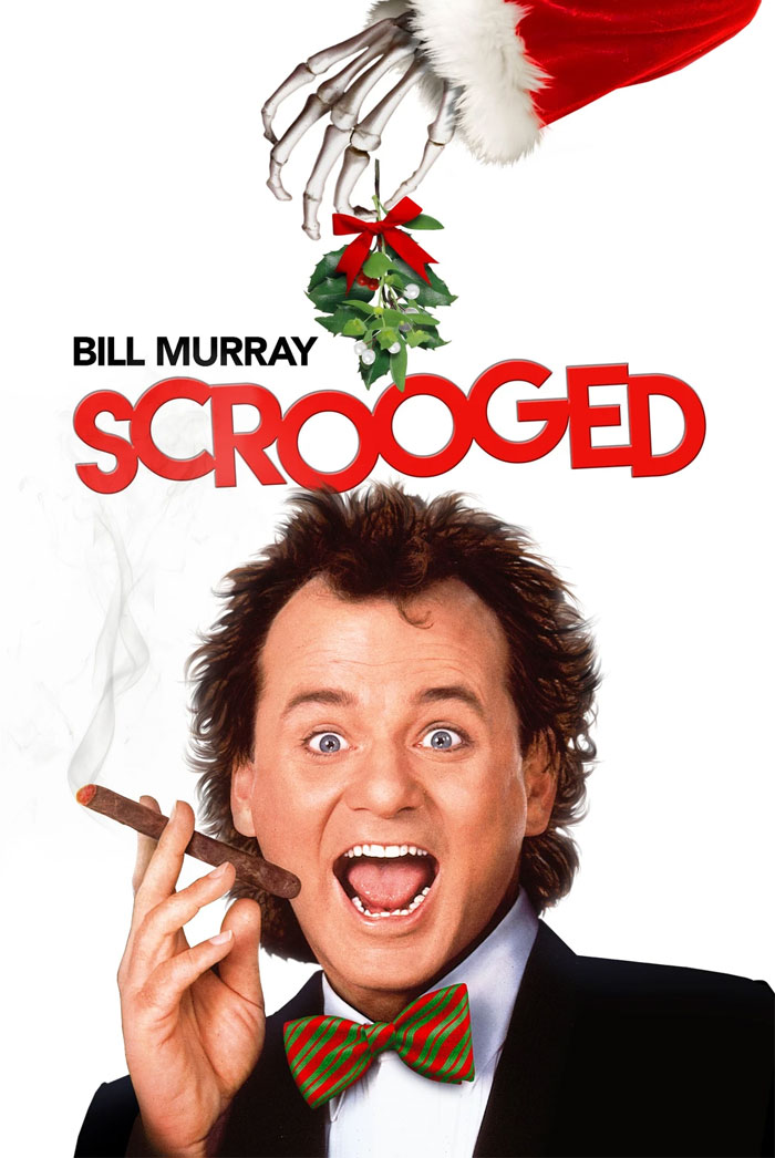 Bill Murray in Christmas movie poster for "Scrooged," holding a cigar with a holiday-themed bow tie.
