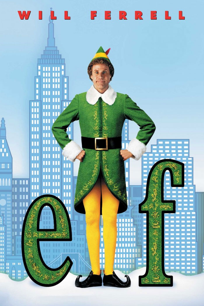 Elf movie poster featuring a character in a green costume with a cityscape background.