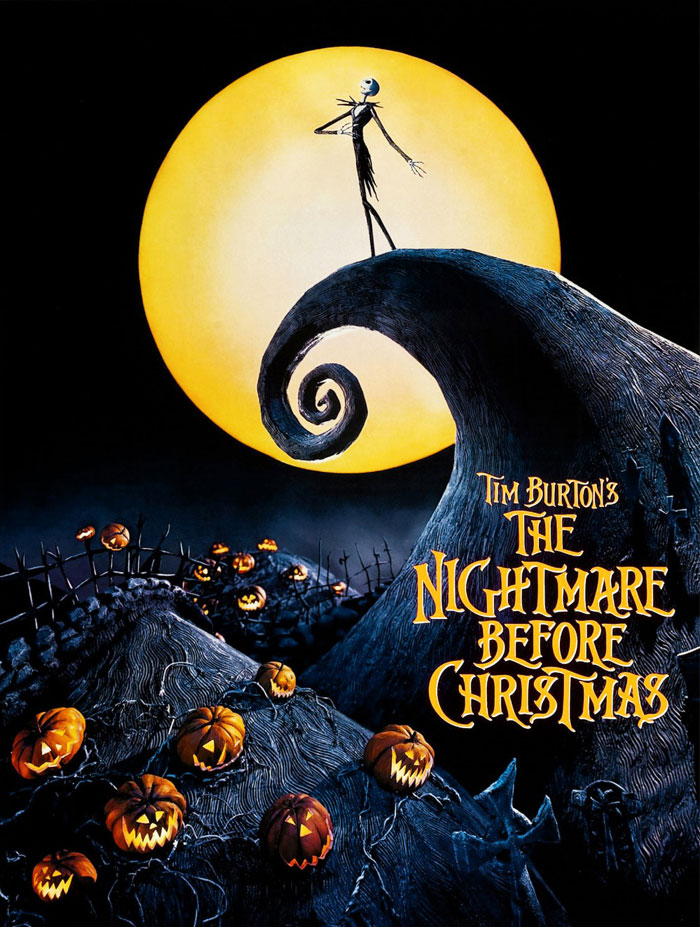 "The Nightmare Before Christmas movie poster with Jack Skellington under a full moon."