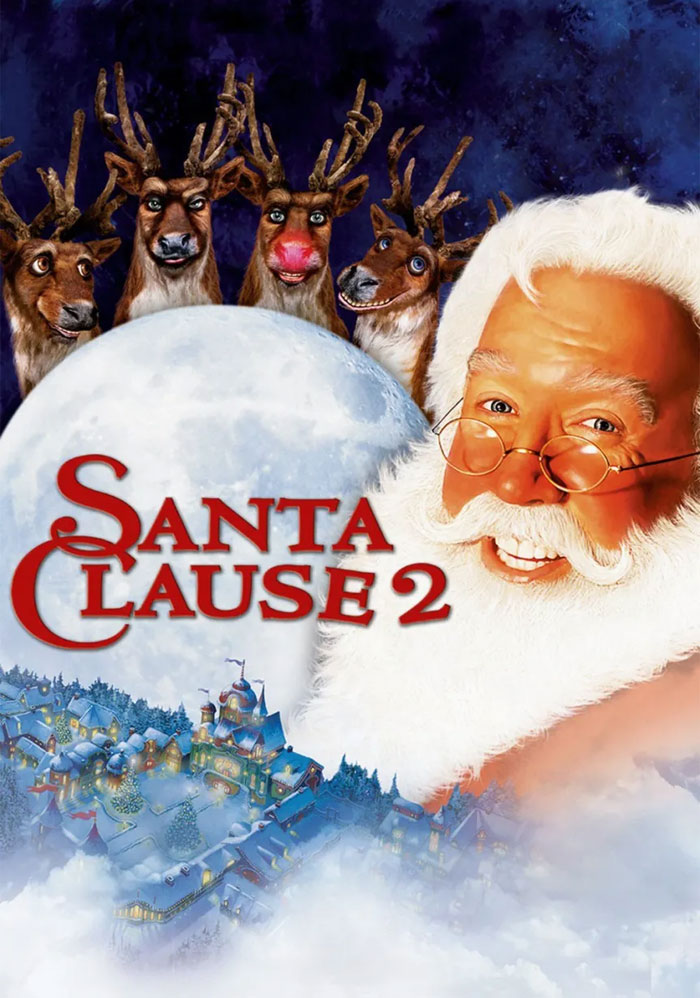 Santa smiling with reindeer in front of the moon, promoting a holiday movie.