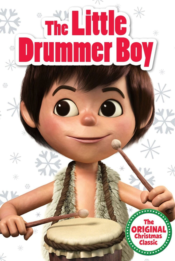 Animated character playing a drum with snowflakes in the background, promoting a classic Christmas movie.