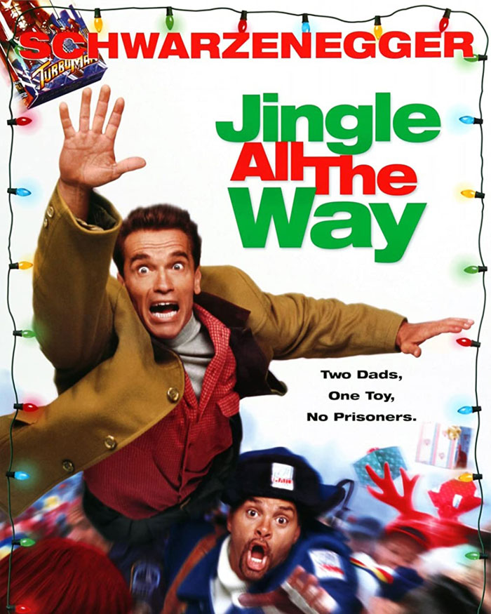 Cover of "Jingle All the Way," a Christmas movie featuring two men in a comedic chase for a toy.