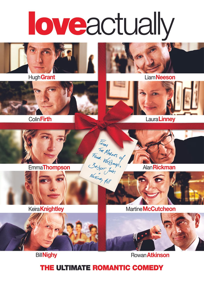 Poster of "Love Actually," a classic Christmas movie featuring an ensemble cast, wrapped with a red ribbon.