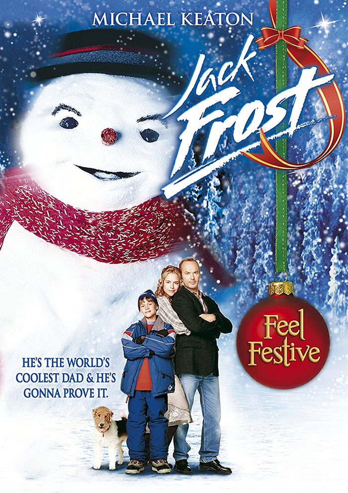 "Cover of Jack Frost with a snowman, a family, and a festive ornament, ideal for best Christmas movies."