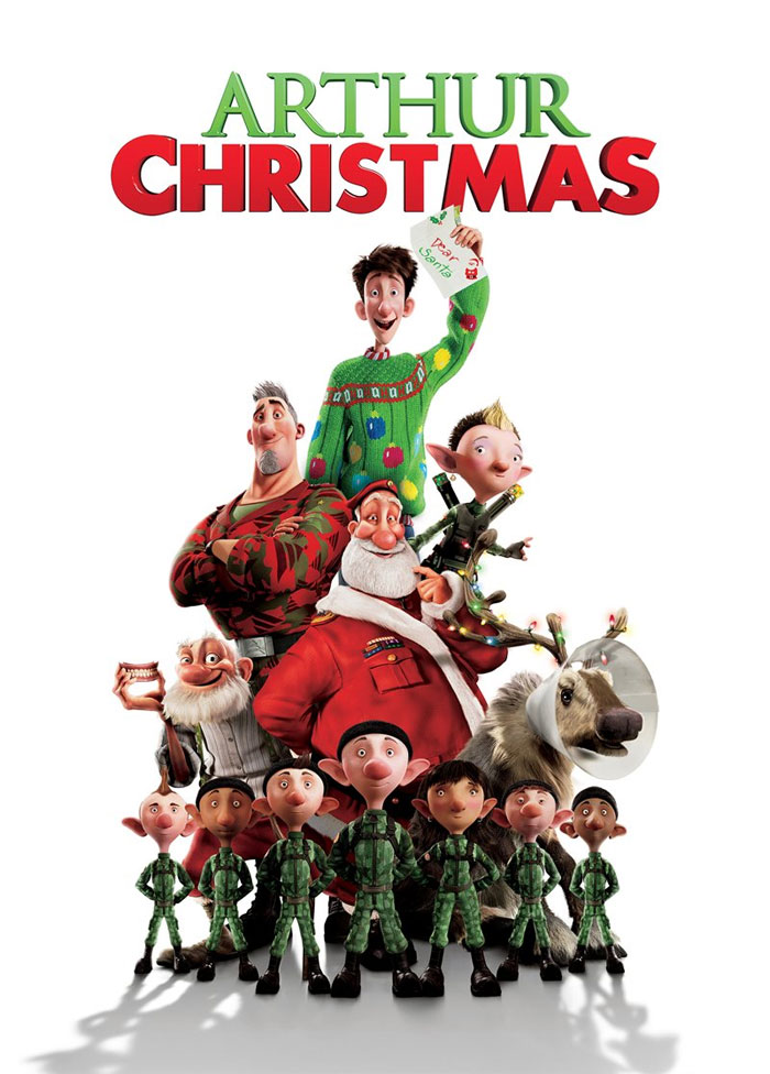 Characters from the Christmas movie "Arthur Christmas" gathered together, showcasing a festive scene.
