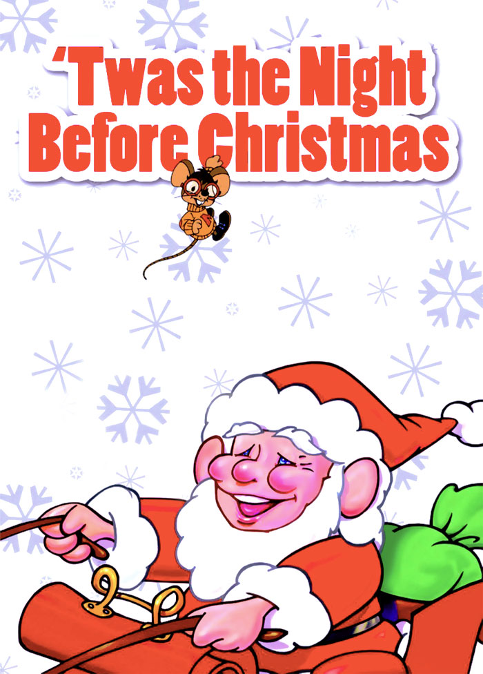 Santa and a mouse from "’Twas the Night Before Christmas," a classic holiday movie scene, with snowflakes in the background.