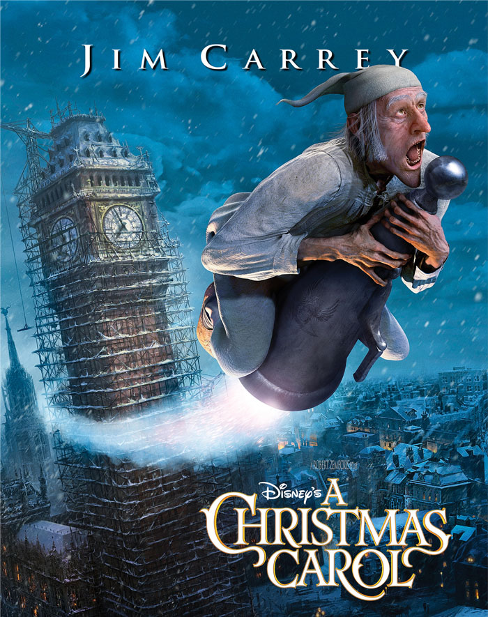 Man flying over a snowy town on Christmas Eve; a scene from a popular holiday movie.