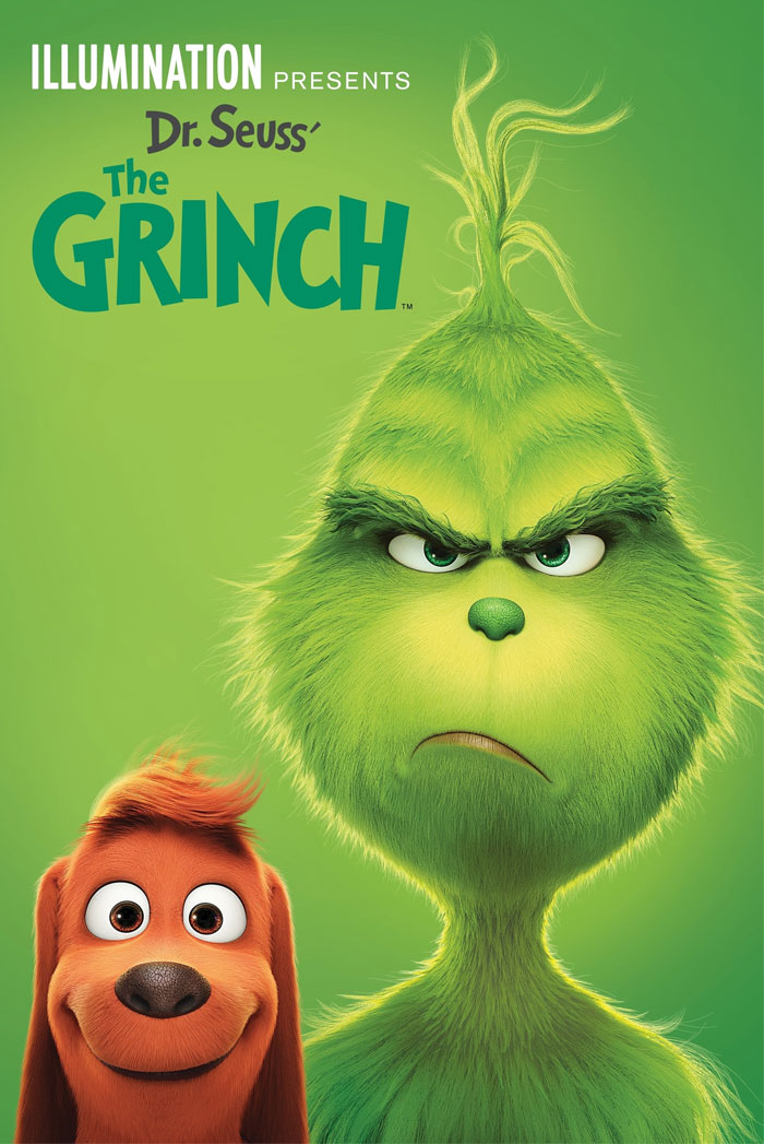 The Grinch and Max against a green background, iconic characters from a popular Christmas movie.