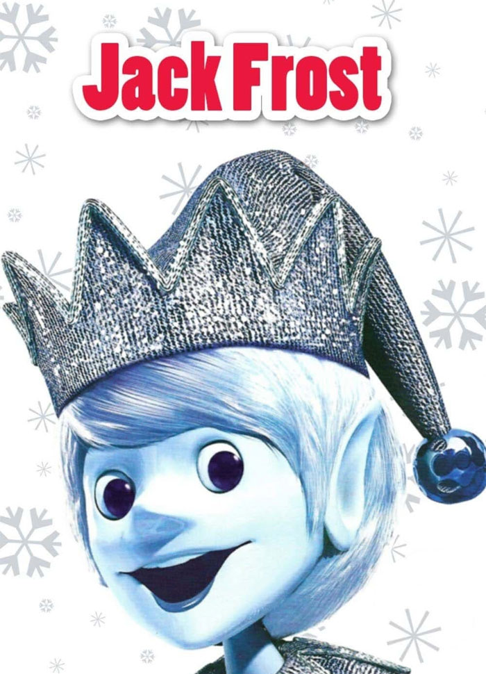 Animated Jack Frost character with silver crown, smiling with snowflake background, promoting best Christmas movies.