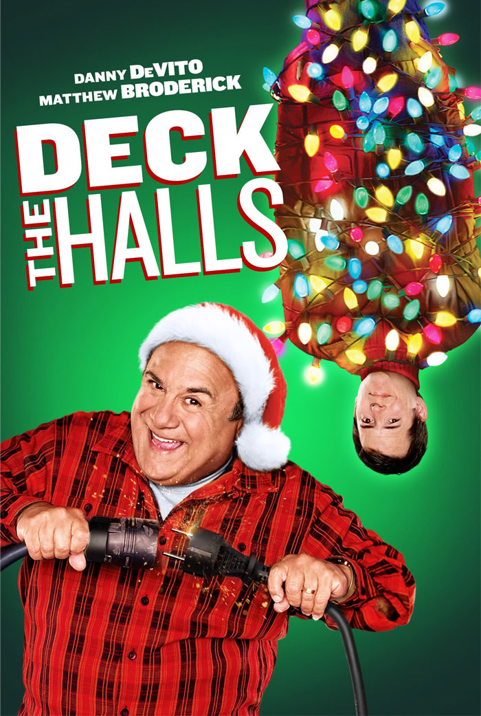 Deck the Halls poster with festive lights, perfect for Christmas movie nights.