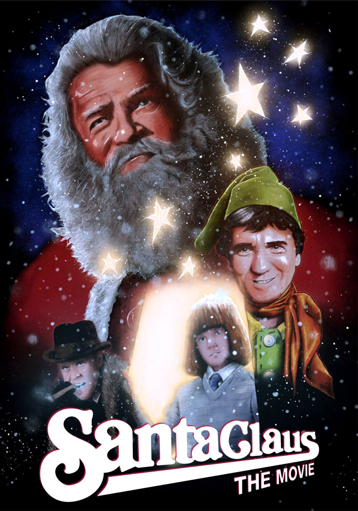 Santa Claus movie poster with stars and three characters in festive attire, promoting best Christmas movies.