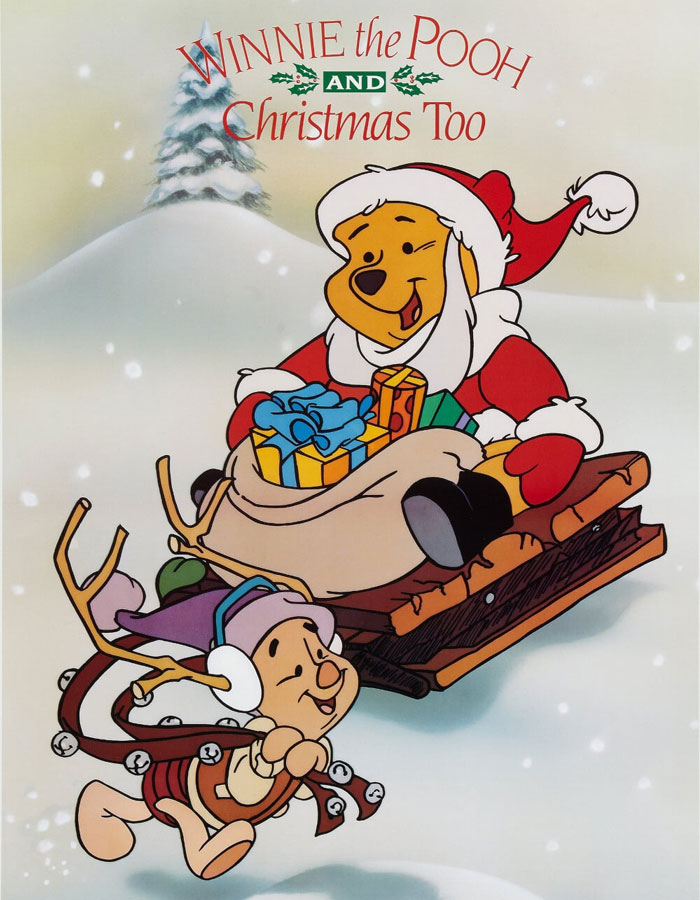 Winnie the Pooh dressed as Santa with gifts, perfect for Christmas movies viewing.