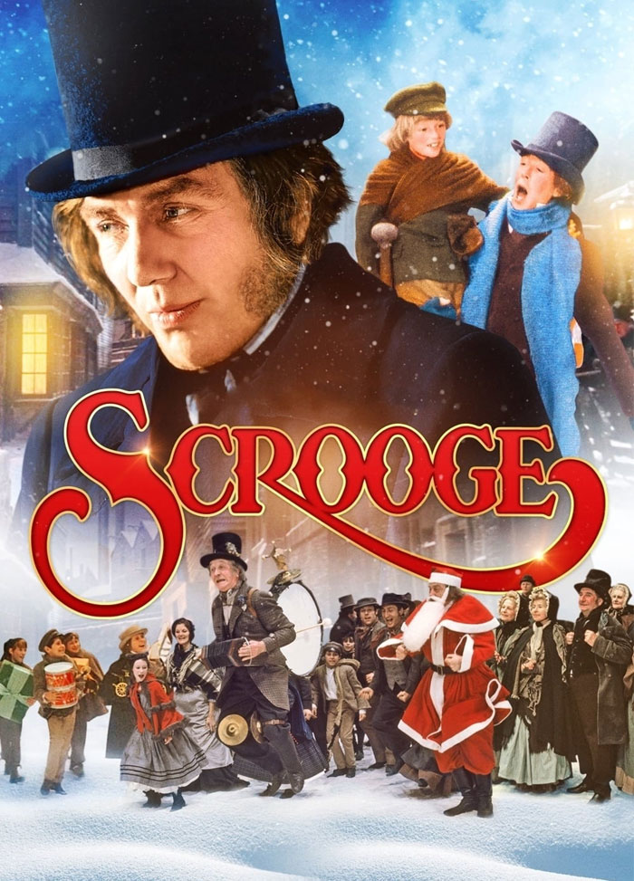 Cover of the Christmas movie "Scrooge" with cast in festive attire, featuring classic holiday scenes.