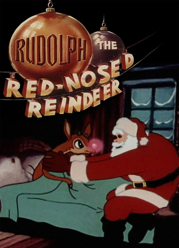 Santa and Rudolph in a classic Christmas movie scene, featuring holiday decorations.