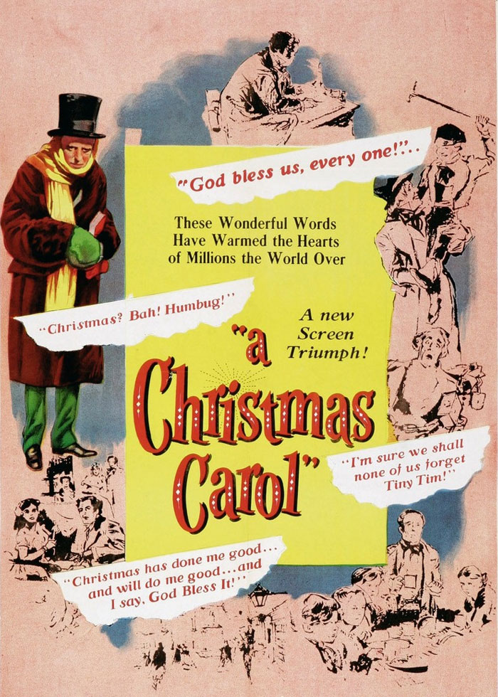 Vintage "A Christmas Carol" movie poster featuring classic scenes and characters.