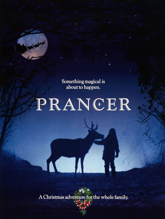 "Prancer movie poster showing a child with a reindeer, ideal for Christmas movie fans."