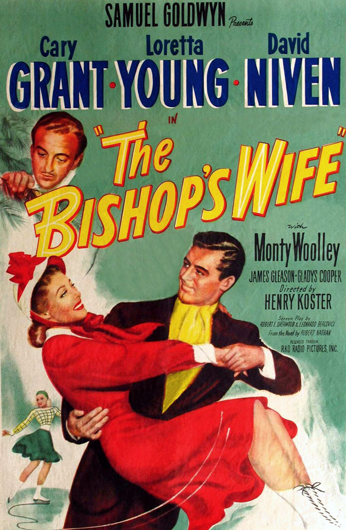 "The Bishop's Wife movie poster with a festive holiday theme and classic film stars."