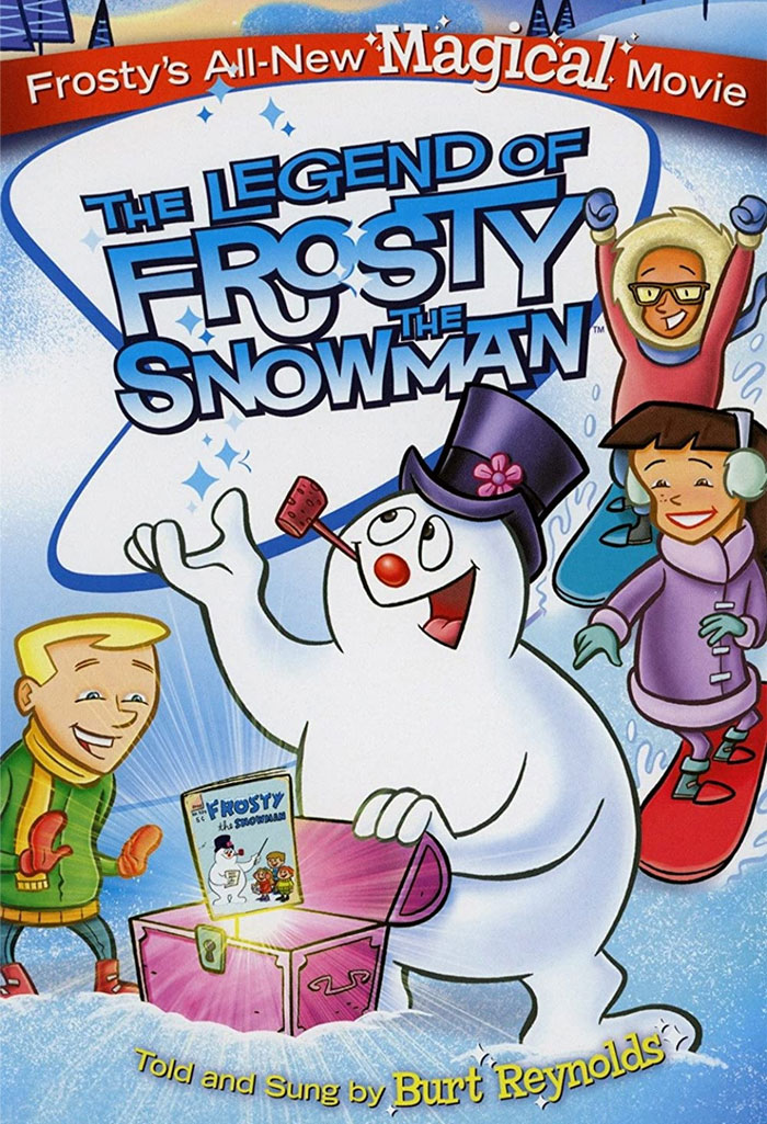 Cover image of "The Legend of Frosty the Snowman" with Frosty and children, perfect for holiday movie watching.