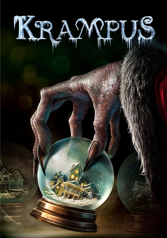 "Krampus poster featuring a clawed hand holding a snow globe with a house, perfect for Christmas movie enthusiasts."