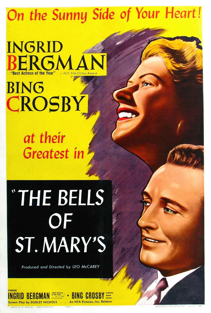 Vintage movie poster for "The Bells of St. Mary's" featuring Ingrid Bergman and Bing Crosby.