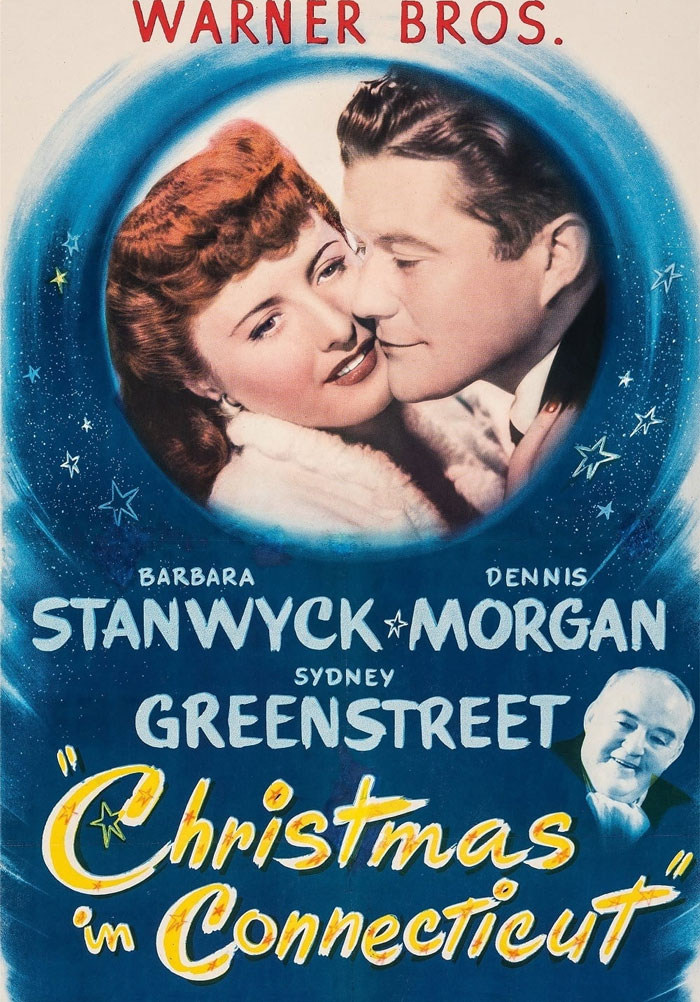 Vintage poster of "Christmas in Connecticut," featuring a romantic couple surrounded by stars.