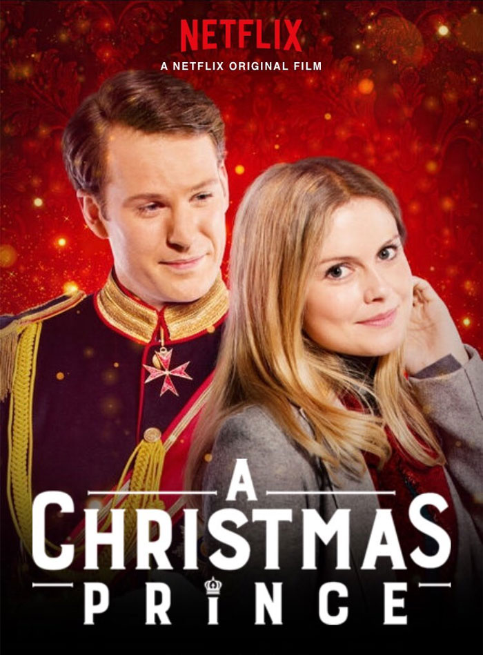 Poster of the movie "A Christmas Prince" on Netflix with a festive background.