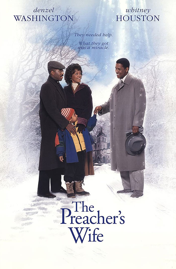 The Preacher's Wife movie poster featuring a family in a snowy setting, perfect for holiday viewing.