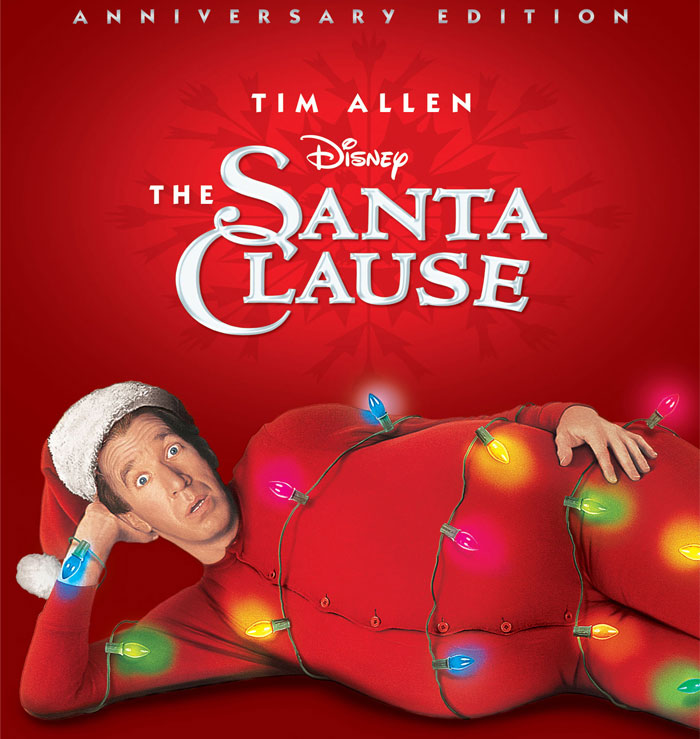 Cover of "The Santa Clause" movie featuring a man in a Santa suit, wrapped in Christmas lights.