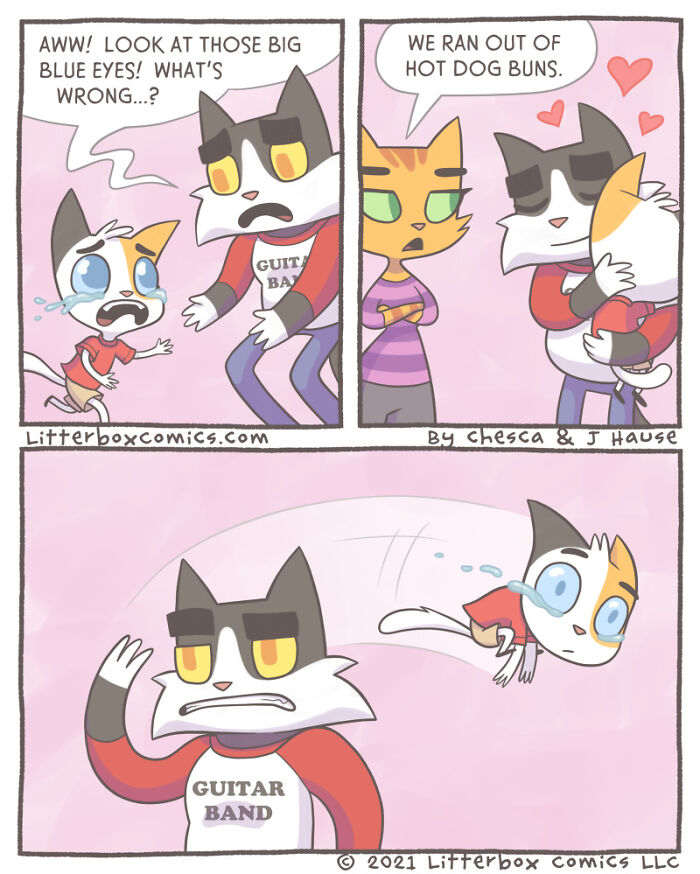 Comic panels showing a parenting moment with cats, featuring emotional reactions in a feline parenting experience.