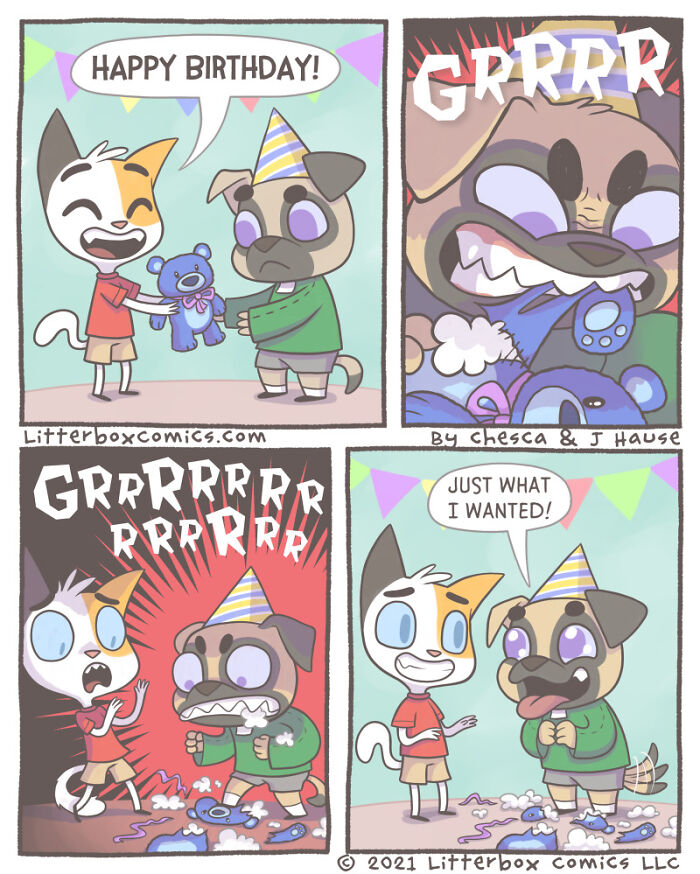 A fun comic strip showing parenting experience with a feline twist featuring a cat and dog in birthday party scenes.