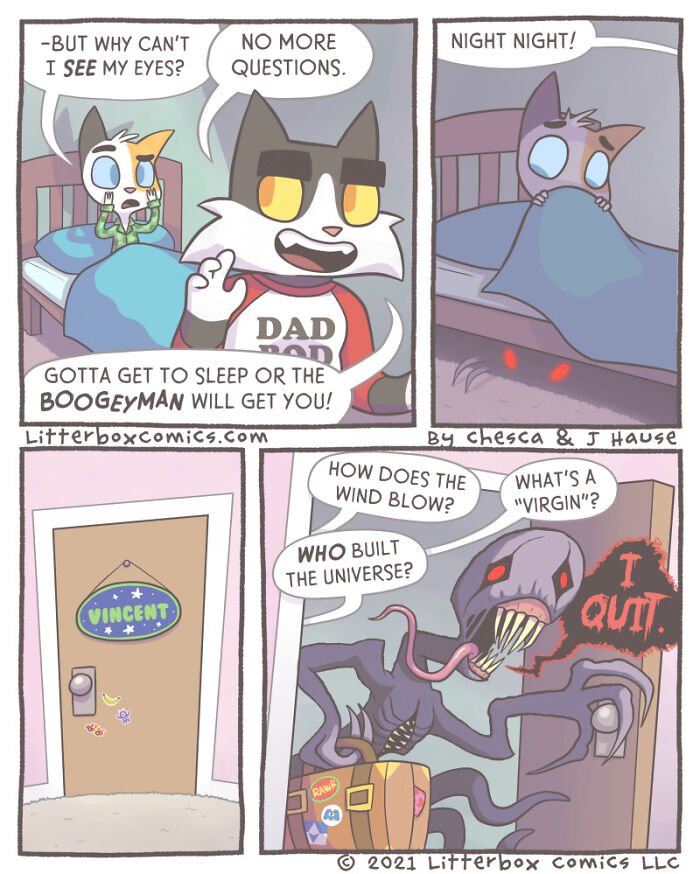 Cat parenting comic scene with a dad cat putting a child cat to bed while a monster reacts humorously.