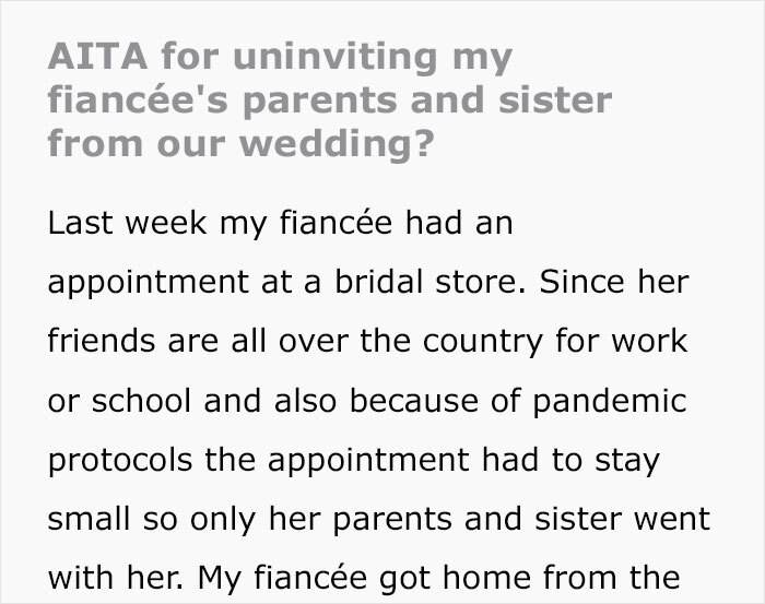 Guy Uninvites Fianc&eacute;e's Closest Family From The Wedding After They Make Her Wedding Dress Shopping All About Her Sister