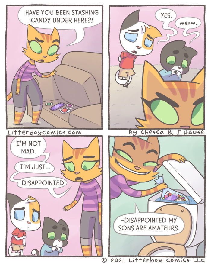 Comic panels showing a feline parent interacting with cat children, capturing humorous parenting moments with a feline twist.