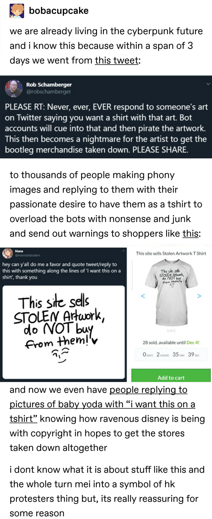 Screenshot of online discussion showing chaotic good actions to overwhelm bots that pirate artwork and sell stolen merchandise.