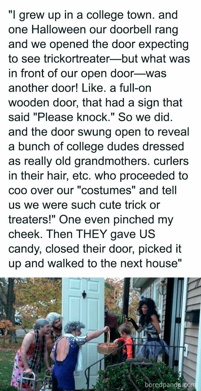 Group dressed as grandmothers giving candy through a door prank, showcasing chaotic good actions during Halloween.