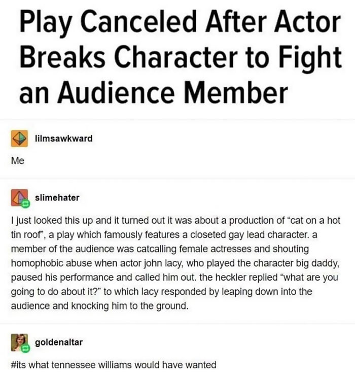 Screenshot of a chaotic good action where an actor stops homophobic a***e by physically confronting an audience member.