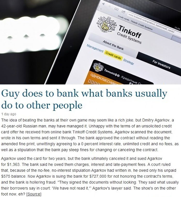 Screenshot of an online post showing chaotic good actions involving a man beating the bank at its own terms.