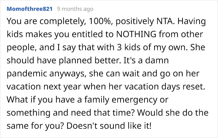 Childless Woman Refuses To Give 6 Of Her Paid Vacation Days To A Coworker With Three Kids, Office Drama Ensues