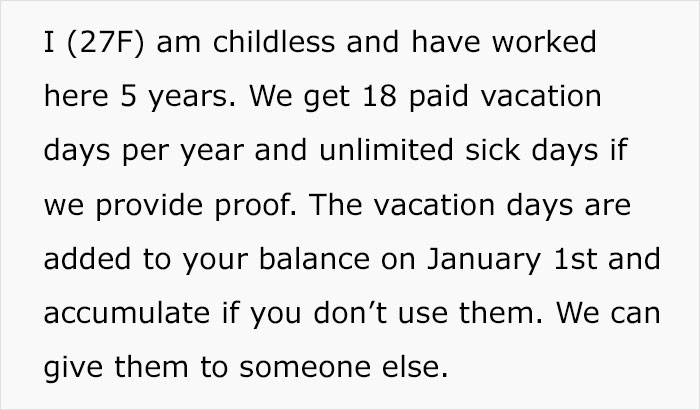 Childless Woman Refuses To Give 6 Of Her Paid Vacation Days To A Coworker With Three Kids, Office Drama Ensues