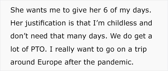 Childless Woman Refuses To Give 6 Of Her Paid Vacation Days To A Coworker With Three Kids, Office Drama Ensues