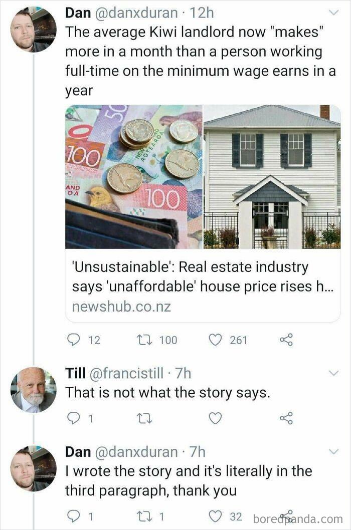 Screenshot of a social media thread discussing rising house prices and greedy landlords in real estate industry.