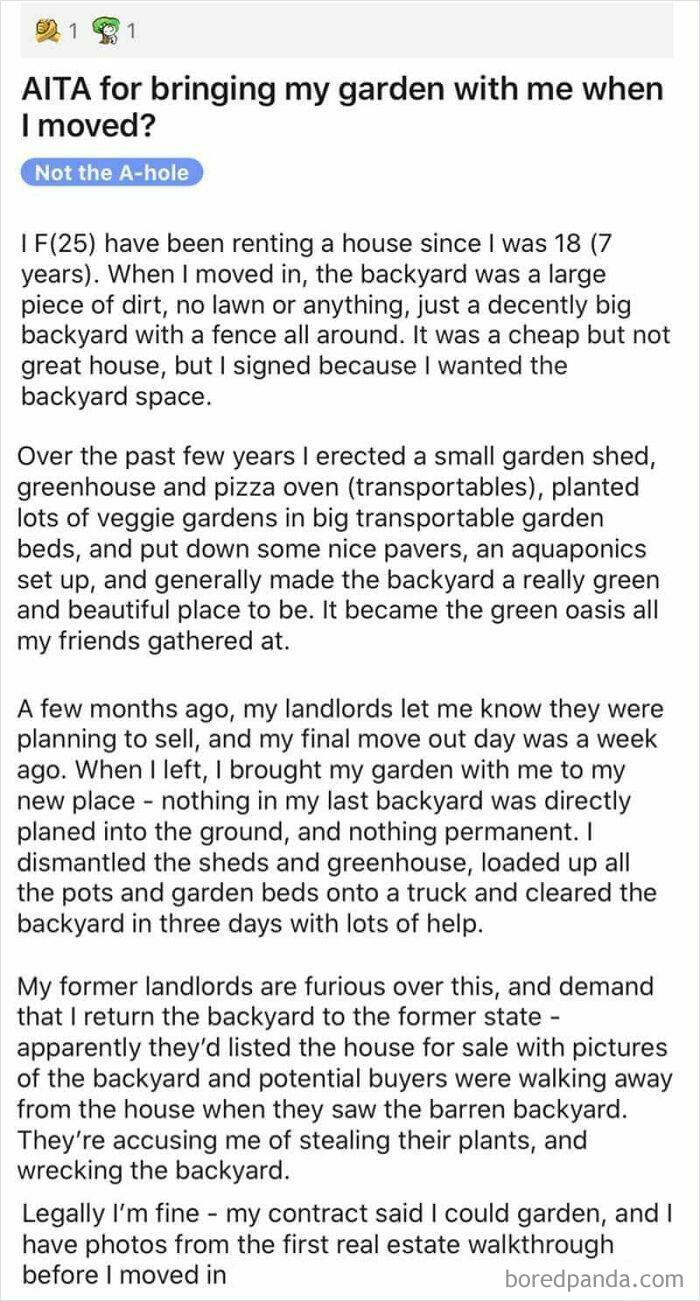 Text post about tenant moving garden from rental property, highlighting landlord disputes in online group shaming greedy landlords.