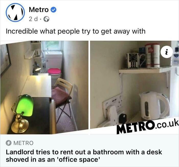 Small bathroom converted into an office space with a desk and kettle, highlighting greedy and delusional landlords exposed online.