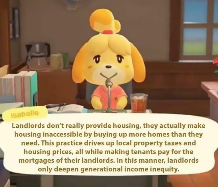 Animal Crossing character Isabelle explaining how greedy landlords worsen housing affordability and increase property prices and taxes.