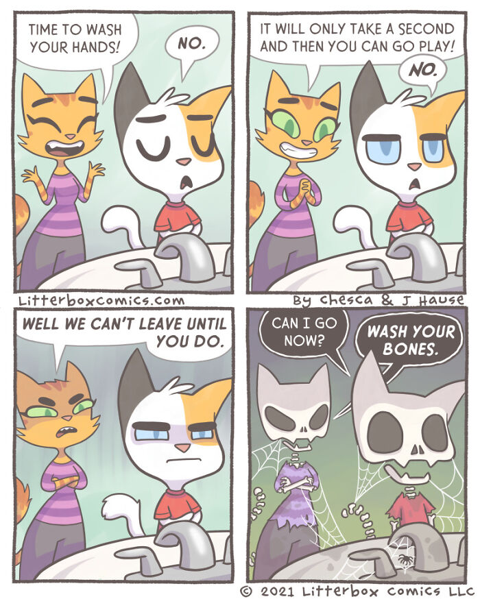 Parent and cat in comic panels showing a humorous parenting experience with a feline twist about washing hands.