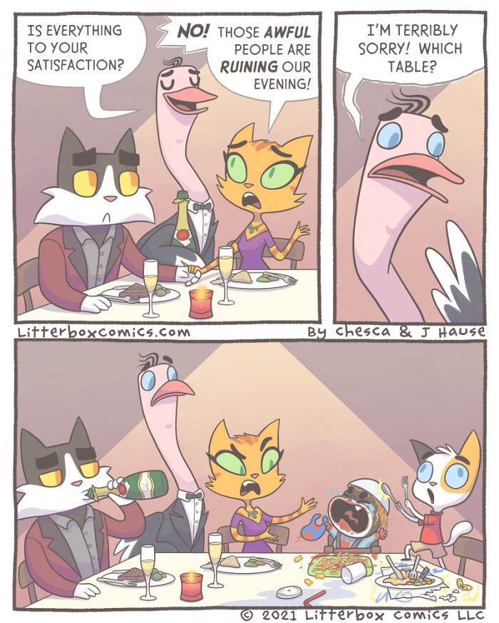 Comic strip showing a feline family dining with a chaotic toddler, highlighting parenting experience with a feline twist.